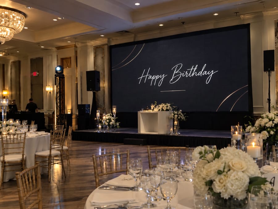 Large LED screen showing a Happy Birthday script design behind a ballroom stage