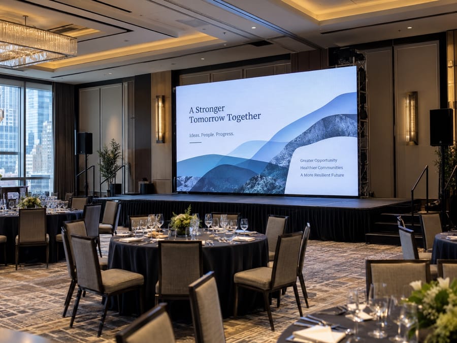 Wide LED screen behind a stage in a hotel ballroom set for a seated dinner