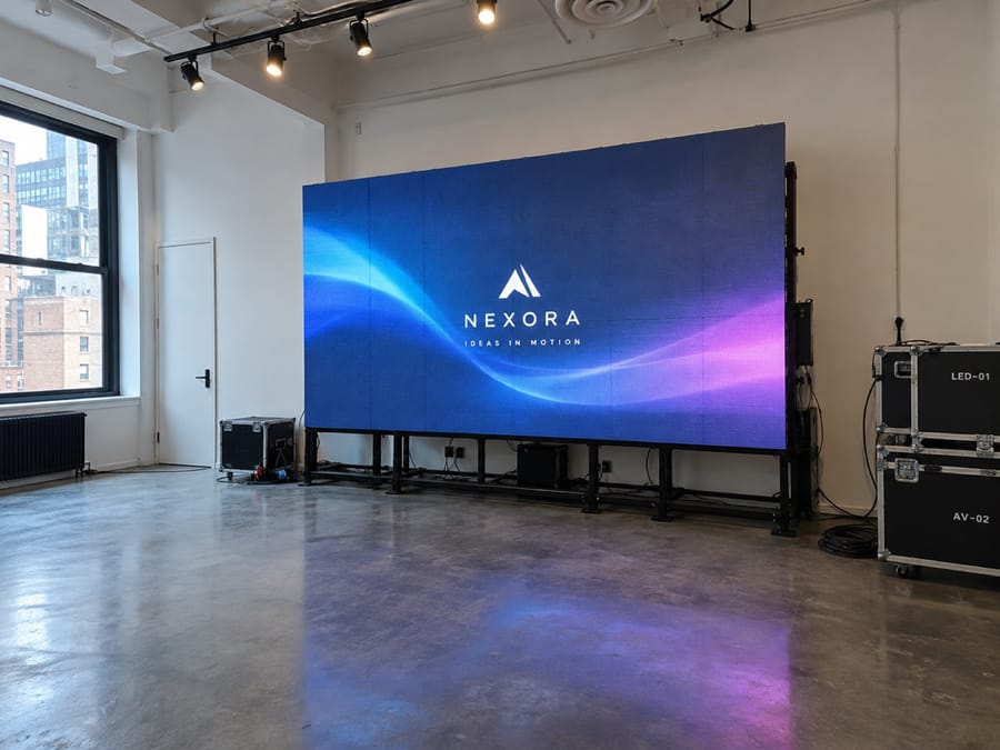Seamless LED video wall on ground support in a bright loft showroom