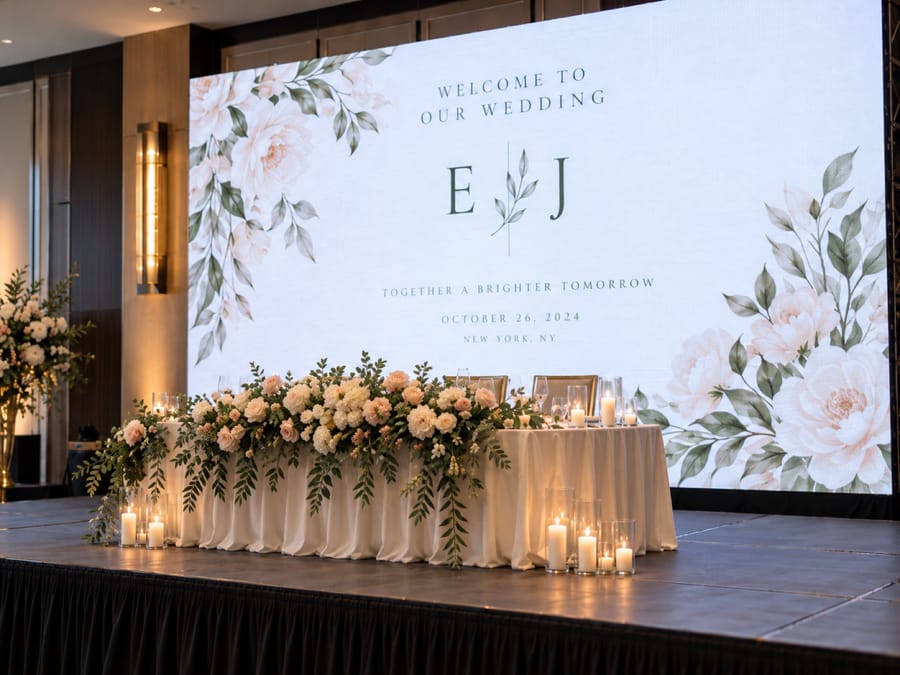 LED wall showing a floral wedding welcome design behind a head table